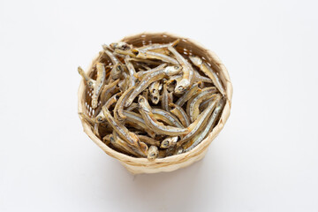 Dried anchovy on white background