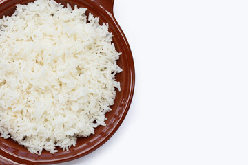 Dish of rice on white background.