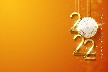 Happy new year 2022 with hanging numbers and hours.