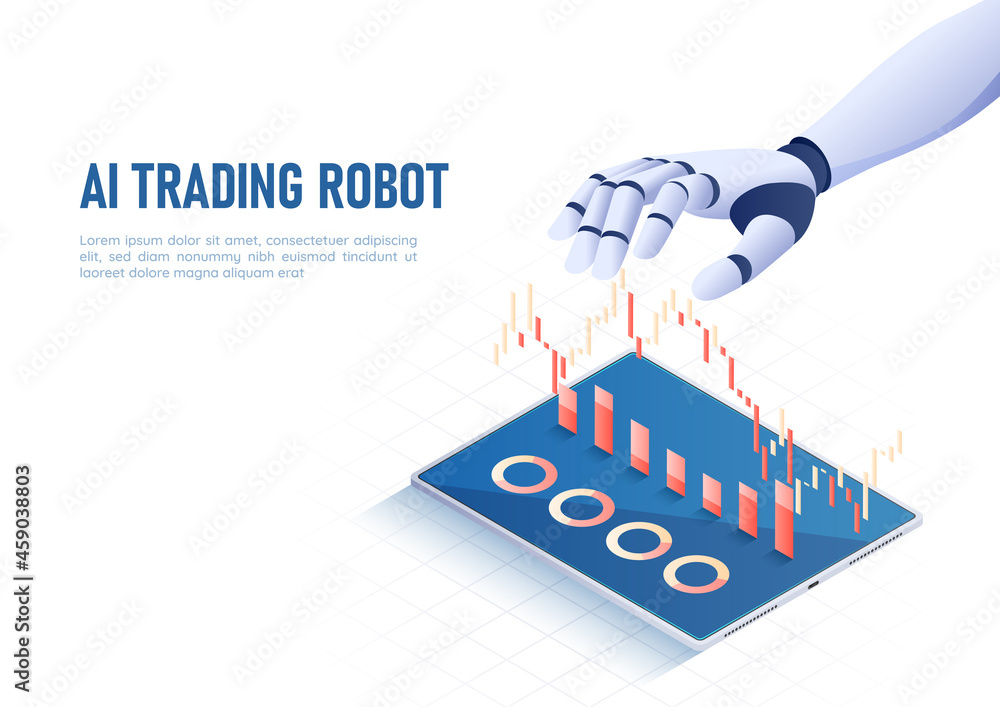 Poster isometric web banner ai artificial intelligence hand contoling stock market graph and chart
