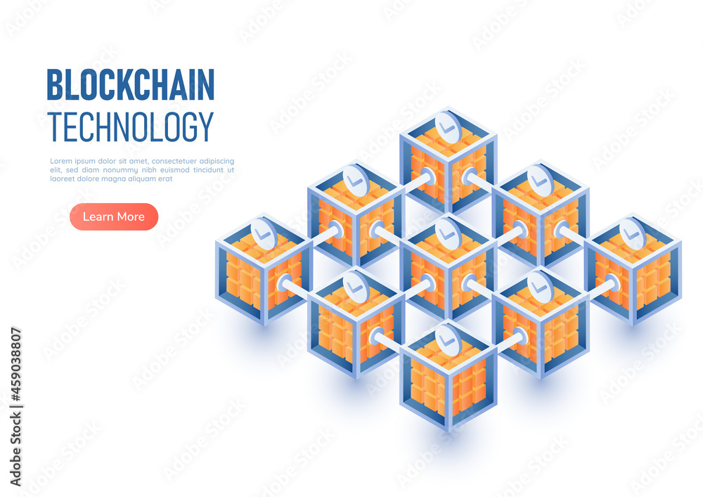 Poster isometric web banner blockchain network connection