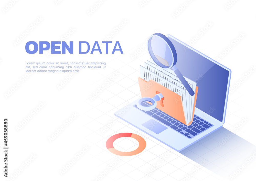 Poster isometric web banner key unlocked folder with file and magnifier on laptop monitor