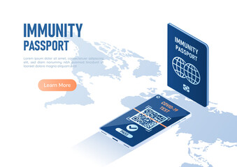 Isometric Web Banner Immunity Passport and Smartphone with Digital Vaccination Certificate for COVID-19