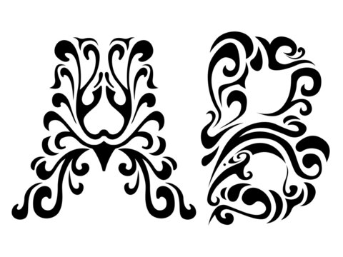 abstract floral design, black and white ornament design, letter A, letter B, tribal art, tribal style