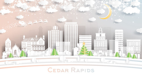 Cedar Rapids Iowa City Skyline in Paper Cut Style with Snowflakes, Moon and Neon Garland.