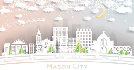 Mason City Iowa City Skyline in Paper Cut Style with Snowflakes, Moon and Neon Garland.