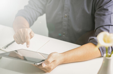 businessman ready for presentation her job with laptop and holding her black note, work from home, partnership, home office, project, quarantine, meeting, presentation, business and finance concept