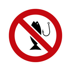 No Fishing sign with texts in rectangular frames. Illustration style is a flat iconic symbol inside red crossed circle on a white background.