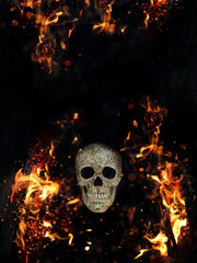 human skull and fire flames on abstract black background. magical esoteric ritual. Mysticism, occultism, Witchcraft concept. Halloween background. copy space