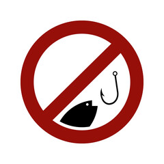 No Fishing sign with texts in rectangular frames. Illustration style is a flat iconic symbol inside red crossed circle on a white background.