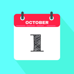 Calendar Icon with long shadow. Flat style. Date, day and month. Reminder. Vector illustration. Organizer application, app symbol. User interface sign. October. 1