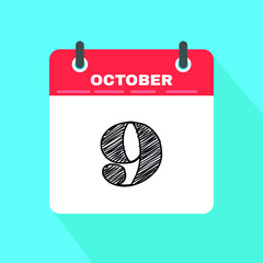 Vector icon calendar day - 9 October. Days of the year vector illustration flat style. Date day of month Sunday, Monday, Tuesday, Wednesday, Thursday, Friday, Saturday. Autumn holidays in October.