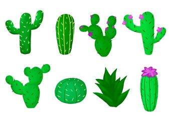 Set of cacti, decorative cacti in pots enjoyable cactus set cartoon set icon cactus with flower