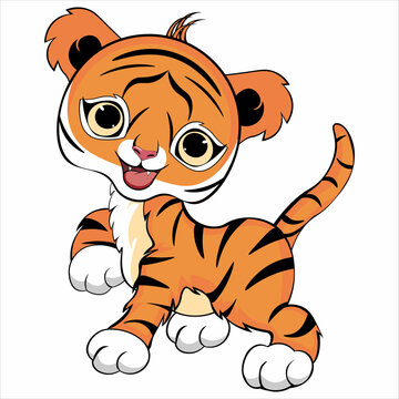 The little tiger walks and smiles. Vector illustration
