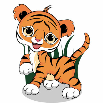 The little tiger walks and smiles. Vector illustration