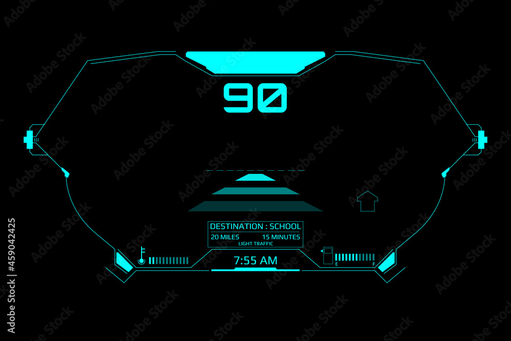 Fototapete HUD Futuristic Elements Automatic Car Dashboard Target User Screen Interface Vector. Green Abstract Scifi Control Monitor Panel Record illustration