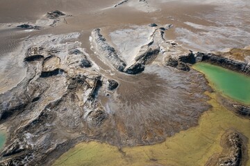 Drone view of the turquoise lake formed as a result of mining waste