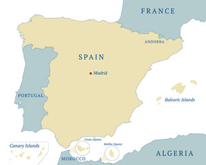 Map Spanish State with Balearic Islands, Canary Islands, the two autonomous cities, Ceuta and Melilla, national borders and capital Madrid. Vector illustration isolated on white background