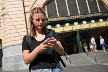Young Woman Waiting for Friends in Front of Flinders Street Station