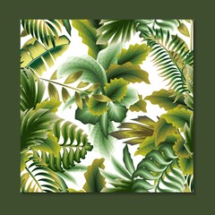 Green Botanical seamless tropical pattern with bright plants and abstract leaves on white background. Summer colorful hawaiian seamless pattern with tropical plants. fashionable