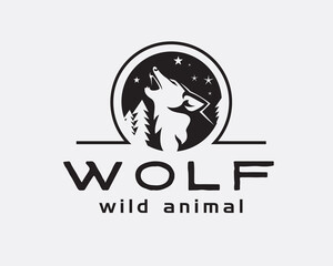 Wild wolf roaring at forest negative space circle logo template illustration
