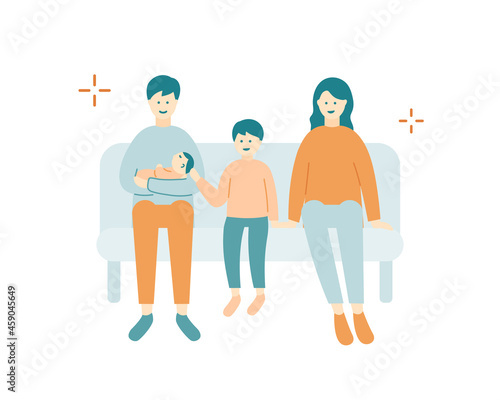 ソファでくつろぐ4人家族のイラスト 親子 男の子 赤ちゃん お父さん お母さん 子ども 子育て Baby Poster Ba Yugoro