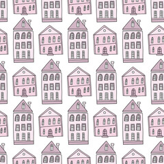 Seamless pattern of hand drawn cute houses. Vector seamless background. - 459046803