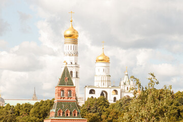 Fototapeta na wymiar Moscow, Russia. View to the Kremlin tower and Ivan The Great bell tower. Summer