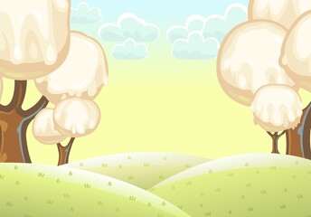 Fabulous sweet forest. Ice cream, drips of white milk cream. Clouds. Trees with chocolate trunks. Cute hilly landscape for children. Beautiful fantastic illustration. Vector