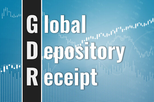Financial term GDR - Global depository receipt on blue and dark finance background from graphs, charts. Trend Up and Down. 3D render