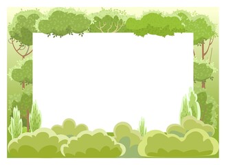Fototapeta na wymiar Forest. Rural summer beautiful landscape. Horizontal frame. Cartoon style. Trees and shrubs. Place for your text. Romantic beauty. Flat design illustration. Vector art