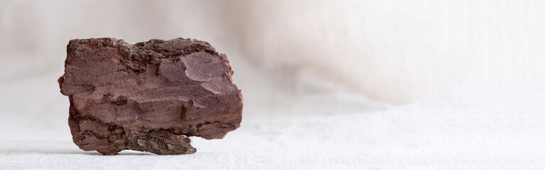 Obraz premium natural background for eco products. Linen, bark tree, green and dry plant, podium