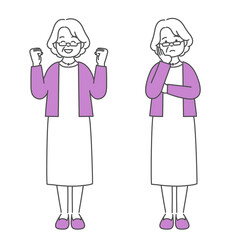 シニア女性の全身イラストセット　ガッツポーズ・考える