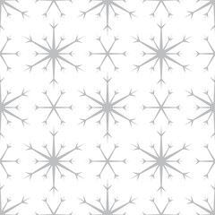 Seamless pattern with silver snowflakes on white background. Festive winter traditional decoration for New Year, Christmas, holidays and design. Ornament of simple line repeat snow flake