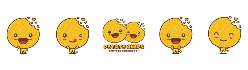 cute potato chips mascot, food cartoon illustration, with different facial expressions and poses