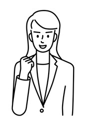 Upper body of a young woman in a suit making a fist to show her motivation (line)