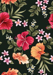 Seamless pattern of hibiscus flowers and palm leaf background template. Vector set of floral element for tropical print, wedding invitations, greeting card, brochure, banners and fashion design.