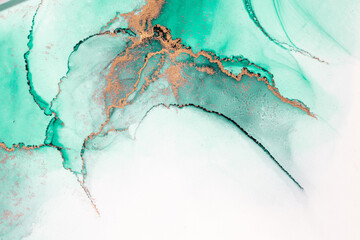 Green gold abstract background of marble liquid ink art painting on paper . Image of original...