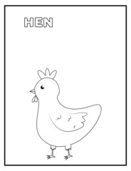 Cute hen black and white coloring page with name. Great for toddlers and kids any age. Perfect to keep kids busy.
