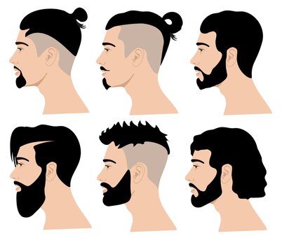 Side bearded face. Hairstyles and beards men profiles, caucasian portraits of manly handsome male persons, hairdresser man models. Modern men s haircuts, hairstyles, beard shapes. Hipster hairstyles