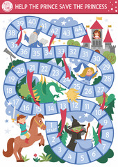 Fairytale dice board game for children with castle, witch, dragon, stargazer. Magic kingdom boardgame.  Fairy tale activity or printable worksheet for kids. Help the prince save the princess.