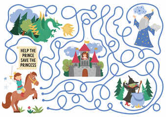 Naklejka premium Fairytale maze for kids with fantasy characters. Magic kingdom preschool printable activity with witch, dragon, stargazer. Fairy tale labyrinth game or puzzle. Help prince save the princess in castle.