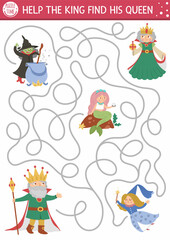 Fairytale maze for kids with fantasy characters. Magic kingdom preschool printable activity with witch, fairy, mermaid. Fairy tale labyrinth game or puzzle. Help the king find his queen.