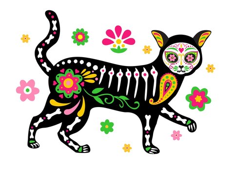 Day of the dead, Dia de los muertos, cute cat skull and skeleton decorated with colorful Mexican elements and flowers. Fiesta, Halloween, holiday poster, party flyer. Vector illustration