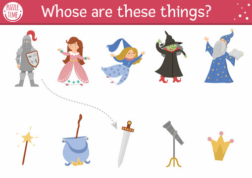 Fairytale matching activity with cute characters. Magic kingdom puzzle with knight, fairy, princess, witch, stargazer. Match the objects printable worksheet or game. Whose are these things?.