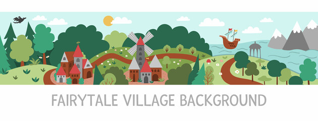 Vector fairytale kingdom illustration. Fantasy forest village border. Cute long horizontal magic fairy tale background with windmill, sea, forest, ship, fields. Detailed medieval village landscape.