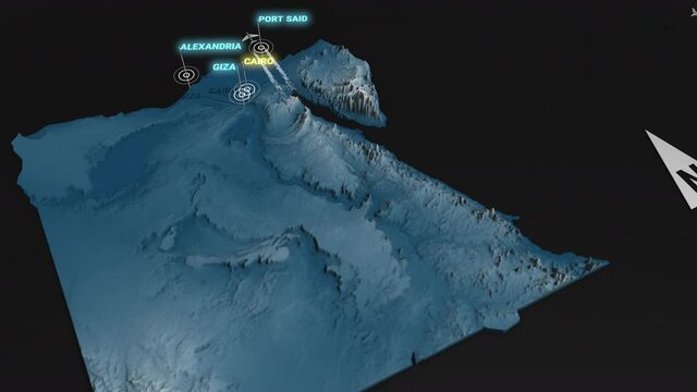 Seamless looping animation of the 3d terrain map at nighttime of Egypt with the capital and the biggest cites in 4K resolution