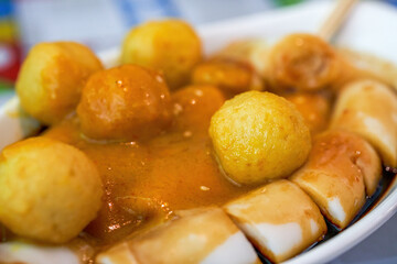 Fish balls and rice rolls with mixed sauce in a Hong Kong tea restaurant