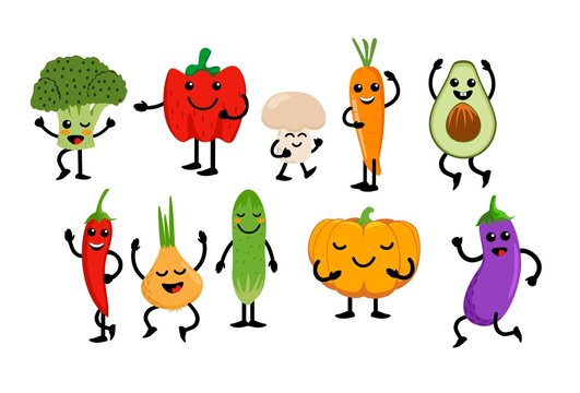 Cute fruits and vegetables. Kawaii vegetable fruit character cartoon set. Clipart for kids with kawaii face. Vector illustration.