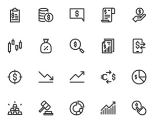 sest of finance line icons, fintech, currency, payment